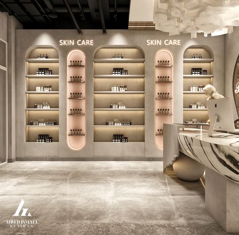 𝐋𝐔𝐗𝐔𝐑𝐘 𝐁𝐄𝐀𝐔𝐓𝐘 𝐒𝐀𝐋𝐎𝐍 :: Behance Beauty Spa Ideas, Beauty Store Design, Product Display Ideas, Skin Care Display, Salon Retail Display, Store Display Ideas, Beauty Salon Interior Design Ideas, Beauty Salon Interior Design, Spa Interior Design