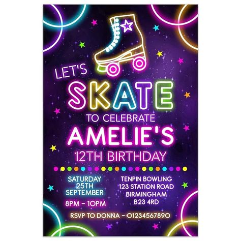 Neon Roller Skating Birthday Party Invitations for Girls - Roller Rink Skate Party Invites - 10 Personalised Cards with Envelopes : Amazon.co.uk: Handmade Products Roller Skate Party Ideas Girl Birthday, Skating Rink Birthday Party, Roller Skating Birthday Party Invitations, Roller Skating Birthday Party, Roller Skate Birthday Party, Skating Birthday Party, Skate Birthday Party, Roller Skate Birthday, Skate Birthday