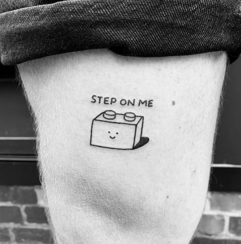 From flowers and cats to Pikachu, here are some of our favorite funny tattoos. These clever, silly tattoos take joking to the next level. #tattoos Lego Tattoo Small, Lego Tattoo Ideas, Goofy Tattoos, Quirky Tattoos, Hamburg Tattoo, Silly Tattoos, Funny Small Tattoos, Flowers And Cats, Dumbest Tattoos