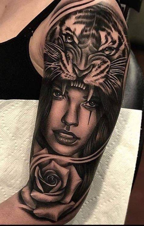 Female Face Tattoo Ideas For Men, Upper Arm Tattoo Ideas Female, Realistic Woman Face Tattoo Design, Female Face Tattoo Ideas, Tattoo Brazo Mujer, Best Arm Tattoos, Headdress Tattoo, Tattoos Female, Full Hand Tattoo