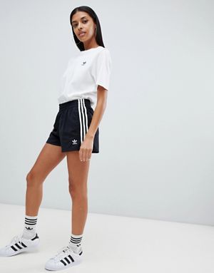 adidas Originals Three Stripe Shorts In Black Adidas Shorts Outfit, Shorts Gym Outfit, Adidas Originals Outfit, Adidas Shorts Women, Adidas Soccer Shorts, Looks Adidas, Look Adidas, Short Noir, Stripe Shorts