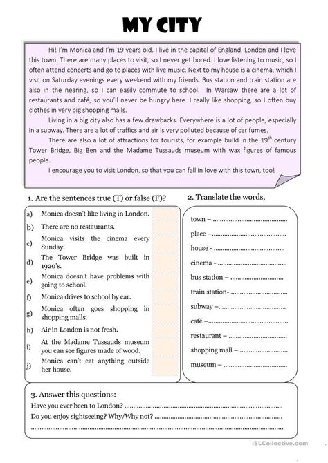 My town - reading + vocabulary - English ESL Worksheets for distance learning and physical classrooms English Reading Skills, Reading Skills Worksheets, Elementary Reading Comprehension, Esl Reading Comprehension, Elementary Worksheets, Esl Reading, Vocabulary Exercises, Reading Vocabulary, Reading Comprehension Lessons