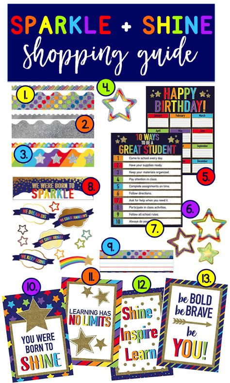 Sparkle Shine Carson-Dellosa Decor Reveal Sparkle And Shine Classroom Theme, Shine Theme, School Year Themes, Pendant Banner, Stars Classroom, Folder Cover, Science Games, Rainbow Order, Carson Dellosa