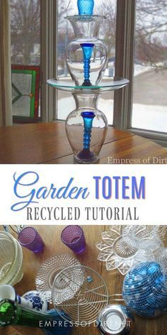 Mosaic Bowling Ball, Plastik Recycling, Glassware Garden Art, Taman Diy, Glassware Crafts, Garden Totem, Garden Balls, Garden Totems, Garden Junk