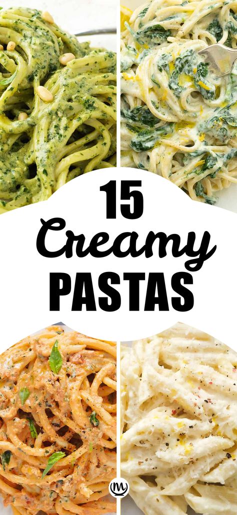 Close-up of four different creamy pasta recipes. Meat Pasta Recipes, Top Dinner Recipes, Types Of Pasta, Quick Pasta Recipes, Creamy Pasta Recipes, Easy Pasta Dinner, Cream Pasta, Quick Pasta, Easy Pasta Dishes