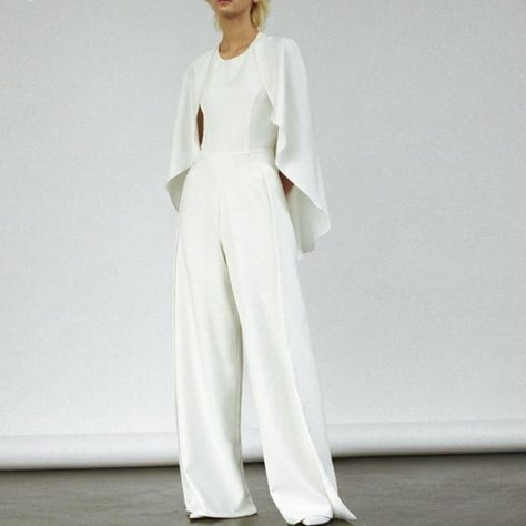 Simple Jumpsuits with Cape Bride Reception Wedding Dress Sexy Wedding Dresses, BlissGown Reception Pantsuit, White Wedding Pantsuit, Wedding Jumpsuit With Cape, Androgynous Wedding, Jumpsuit With Cape, Wedding Jumpsuits, Jumpsuit Prom, Fairytale Wedding Gown, Prom Jumpsuit