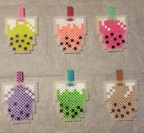 Boba Teas - Etsy Pearled Bead Keychain, Boba Tea Perler Beads, Perler Bead Leaf, Starbucks Perler Beads, Perler Beads Light Switch Frame, Volleyball Perler Beads, Small Pearled Bead Designs, Boba Pixel Art, Bead Mania Ideas