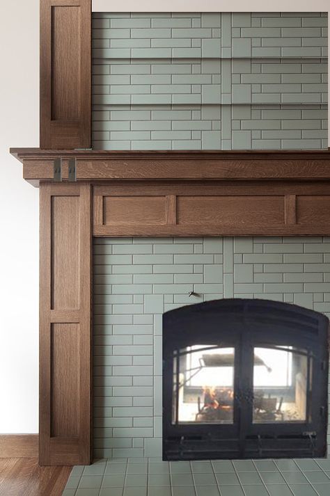 Two Tone Fireplace Mantle, Craftsman Farmhouse Fireplace, Wood Mantle Over Brick Fireplace, Walnut Fireplace Mantle, Fireplace Mantle Wood, Walnut Fireplace, Stained Wood Fireplace Surround, Mahogany Fireplace, Brick Gas Fireplace