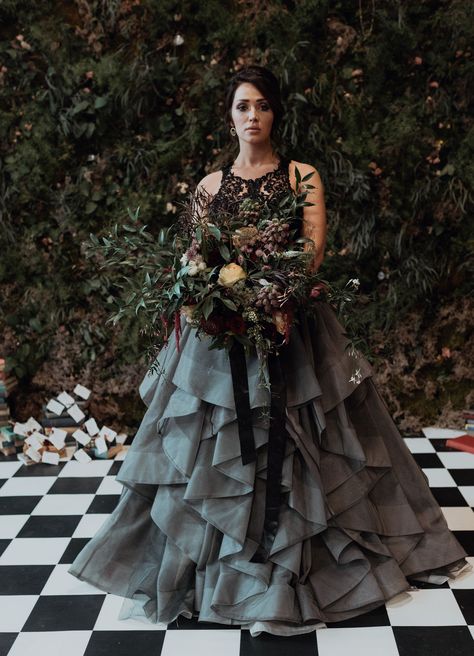 black wedding dress Alice In Wonderland Wedding Dress, Alice In Wonderland Wedding Theme, James Barry, Wonderland Wedding Theme, Wonderland Dress, Alice In Wonderland Inspired, Alice In Wonderland Wedding, Bridal Shower Outfit, Goth Wedding