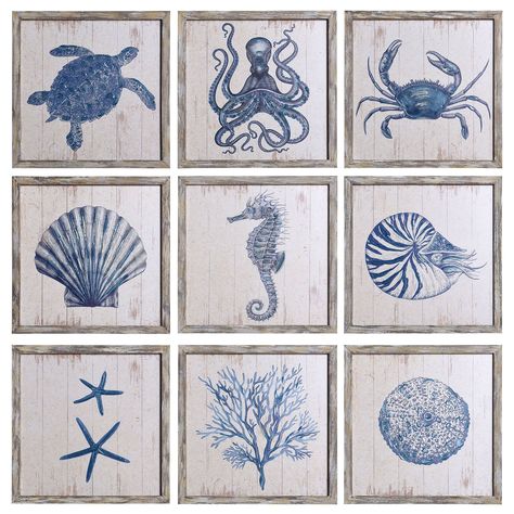 A rustic throwback with a Victorian charm, this selection of Nine Coastal Art Prints on Wood by StyleCraft can be configured as you please for maximum impact in the home. Nautical Gallery Wall, Starfish Wall Art, Seahorse Wall Art, Coral Wall Art, Natural Twist, Octopus Wall Art, Turtle Wall Art, Coastal Art Prints, Wooden Panel