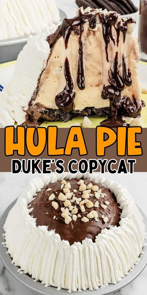 Hula Pie is a homemade copycat of the famous frozen treat from Hawaii. Easy to prepare with an Oreo crust filled with ice cream and crowned with fudge topping and macadamia nuts, without a pricy plane ticket to the tropics! #pie #hulapie #dukespie #dessert #easydessert Hula Pie Recipe, Hula Pie, Butterbeer Recipe, Easy Ice Cream Cake, Chocolate Fudge Sauce, Easy Ice Cream Recipe, Pinky Girl, Oreo Cookie Crust, Easy Ice Cream