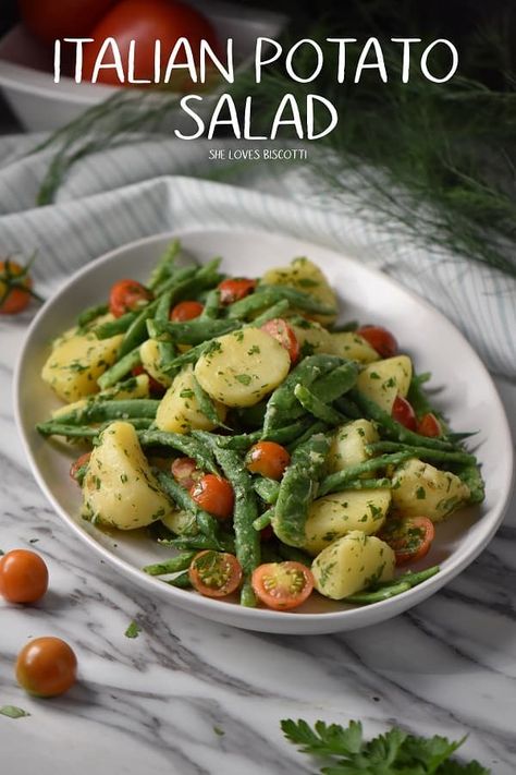 Potato Salad With Green Beans, Italian Potato Salad Recipe, Italian Sides, Italian Potato Salad, Potluck Bbq, Green Bean Potato Salad, Summer Potluck Recipes, Salad Taco, Salad Macaroni