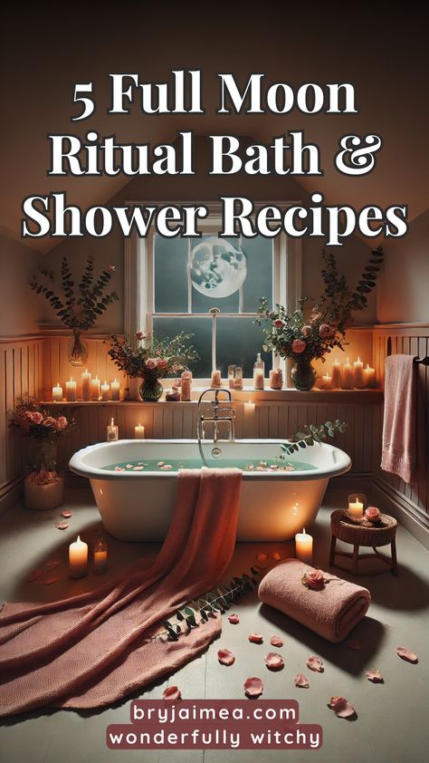 Looking for full moon rituals? This article shares 5 bath and shower recipes to help you cleanse, recharge, and align with lunar energy. Using herbs, salts, and essential oils like lavender and rosemary, these rituals are perfect for releasing negativity and setting powerful intentions during the full moon. New Moon Shower Ritual, Full Moon Shower Ritual, Spiritual Bath Recipes Cleansing, Moon Bathing, Full Moon Bath, Shower Recipes, Bath Rituals, Full Moon Rituals, Shower Meditation