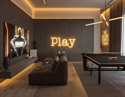 Media Game Room Combo, Dark Game Room Design, Ping Pong Room Ideas, Teenager Playroom Ideas, Garage Teenage Hangout, Teenage Playroom Ideas, Teenage Playroom, Teenager Hangout Room Ideas, Cool Hangout Room Ideas