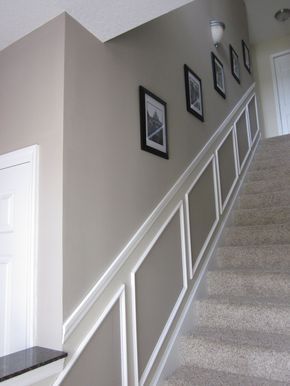 Pittsburgh Paint Colors Taupe | Benjamin Moore Pismo Dunes (above molding and in boxes) & Benjamin ... Trendy Dining Room, درج السلم, Hallway Paint, Hallway Colours, Hal Decor, Revere Pewter, Stair Case, Room Paint Colors, 아파트 인테리어