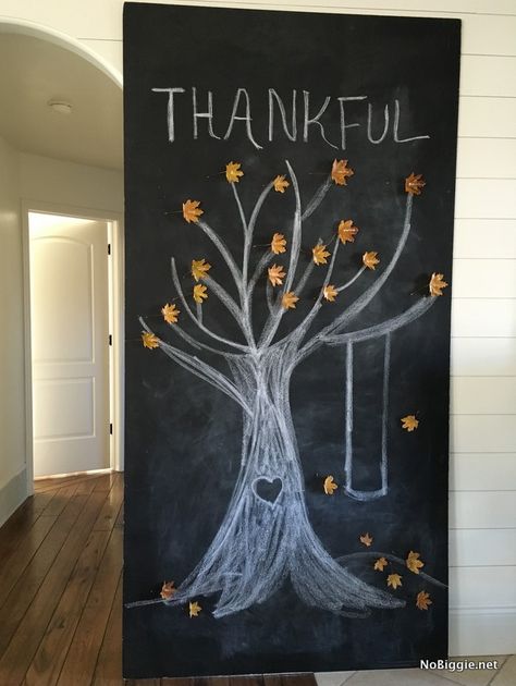 DIY BIG chalkboard thankful tree| NoBiggie.net and how to make waxed leaves Thankful Tree Bulletin Board, Waxed Leaves, Big Chalkboard, Chalkboard Art Diy, Thanksgiving Post, Fall Chalkboard, Make A Chalkboard, Chalkboard Doodles, Whiteboard Art