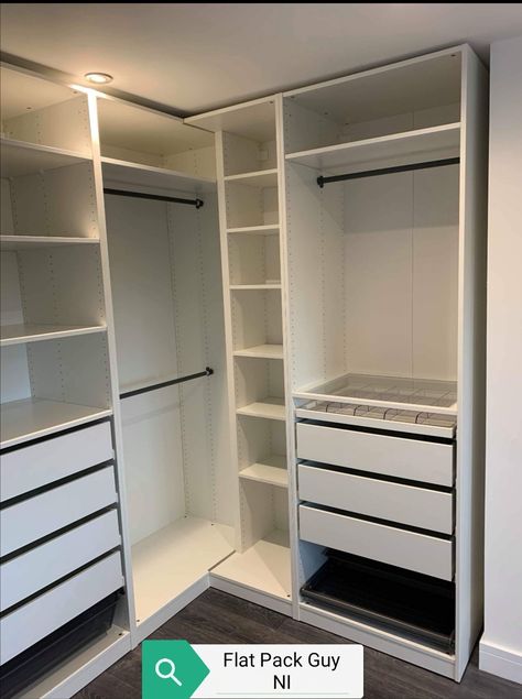 Narrow Closet Design, Corner Wardrobe Closet, Diy Closet Shelves, Ikea Pax Closet, Creative Closets, Corner Wardrobe, Dressing Room Closet, Walking Closet, Closet Design Layout