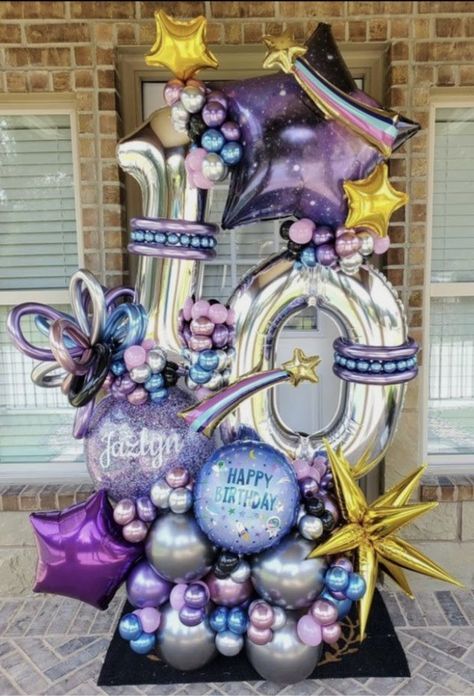 Galaxy Balloons, 15th Birthday Decorations, Balloon Bouquet Diy, Happy 10th Birthday, Space Birthday Party, Galaxy Theme, Flower Box Gift, Balloon Arrangements, Balloon Delivery