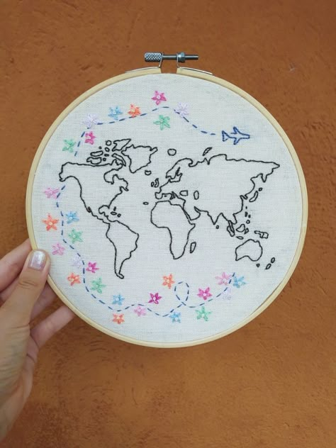 Embroidery Maps Ideas, World Map Embroidery, Travel Embroidery, Map Embroidery, Embroidery Map, World Map Travel, Embroidery Sampler, Map Travel, Embroidery Gifts