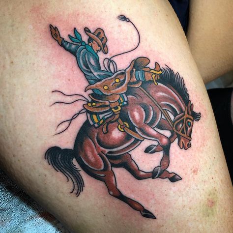 Bucking bronco tattoo - cowboy and horse Traditional Cowboy Tattoo, Cowboy Tattoo, Horse Tattoo Design, Cowgirl Tattoos, Cowboy Tattoos, Western Tattoos, Skeleton Hand Tattoo, Traditional Tattoo Sleeve, Back Of Shoulder Tattoo