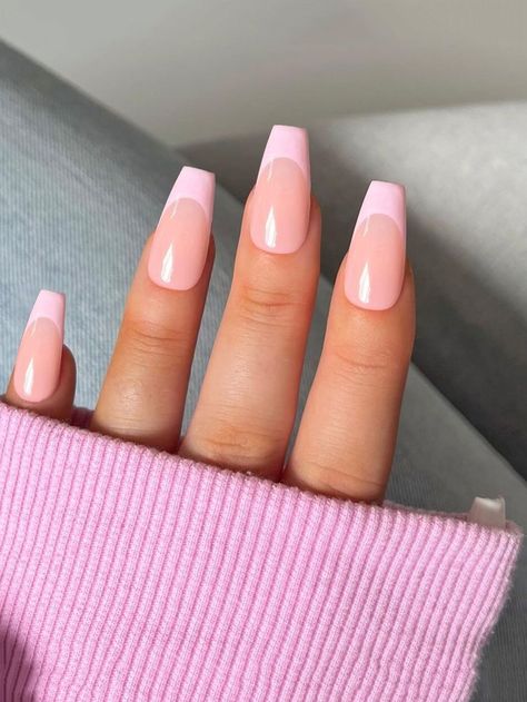 Pink French Nails Coffin, Pink French Tip Nails Coffin, Pink French Tip Coffin, Ongles Rose Pastel, French Rosa, French Tip Coffin Nails, Coffen Nails, Rose Pink Nails, Fake Nails For Kids