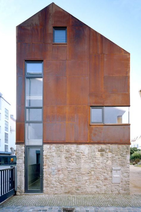 Copper Facade Architecture, Corten Roof, Corten Cladding, Moodboard Wellness, Proportion Architecture, Corten Steel Facade, Corten House, Metal Panels Facade, Copper Cladding