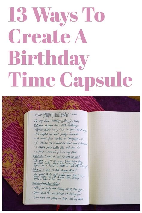 Hello friends! As you may know, my birthday just came and went. I always get a little introspective on my birthday and I think about how I've spent my last year and what I'm doing with my life. Then it occurred to me to write down a spread in my bullet journal to commemorate the day and create a birthday time capsule! How can I resist? I like the idea of writing a direct message to older me and tucking it away to find later, an Easter Egg to stumble upon in the future. #journaling #birthdayidea Birthday Journaling Ideas, 30th Birthday Journal Prompts, What Can I Do On My Birthday, Birthday Page Ideas, What To Do On My Birthday, Birthday Journal Ideas, Birthday Journal Prompts, Birthday Journaling, Time Capsule Birthday