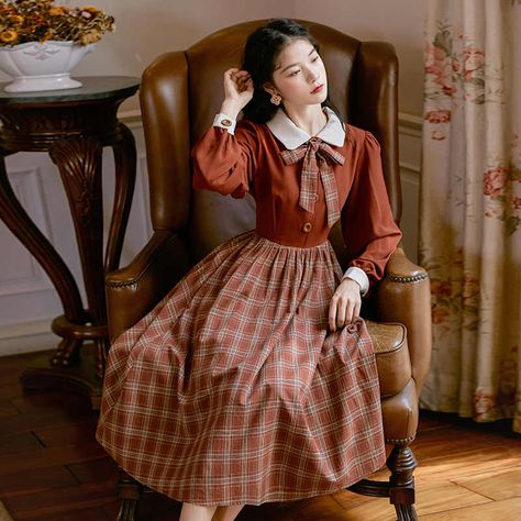 Free Shipping 2017 Spring New Arrival High Quality Peter Pan Collar Puff Sleeve Three quarter Sleeve Woman Long Chiffon Dress|chiffon dress|long chiffon dress|dresses free shipping - AliExpress Plaid Dress Vintage, Mori Girl Fashion, Cottagecore Fashion, Dress Cottagecore, Cottagecore Dress, Mori Girl, Mode Inspo, Dieselpunk, Lantern Sleeve