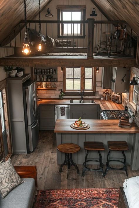 20 Genius Tiny Kitchen Ideas for Small Apartments 51 Rustic Tiny House Kitchen, Small Living And Kitchen Room Ideas, Tiny House Interior Decor, Decorating A Tiny House, Tiny Home Inspiration, Mother In Law Kitchen, Tiny Home Kitchen Layout, Mini House Interior, Tiny Home Ideas Interiors