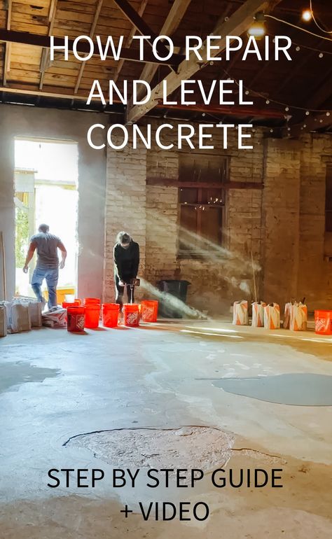 How to DIY repair and level concrete floors (this also works on driveways!!) How To Fix Concrete Floors, Redo Concrete Floors, Concrete Leveling Diy, Refinish Concrete Floors, Diy Concrete Floor Makeover, Grind And Seal Concrete Floors, Self Leveling Concrete Floor, Leveling Concrete Floor, Garage Floor Repair