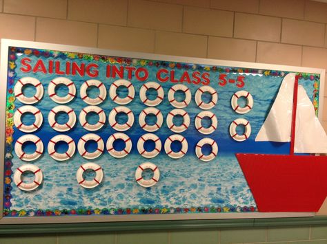 "Sailing Into..." Bulletin Board Sailing Bulletin Board, Nautical Bulletin Boards, Classroom Windows, Animal Print Classroom, Ocean Bulletin Board, Trendy Classroom, Patriotic Classroom, Nautical Classroom Theme, Cruise Theme