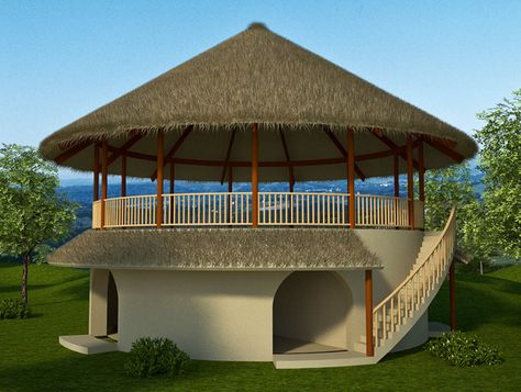 Specifications: 855 sq. ft. interior, 2 bedroom, 1 bath, Footprint: 36′ diameter Description: 10 meters (33’) diameter is the maximum size of a round earthbag structure before needing buttres… Thatch House, African Hut, Round House Plans, Forest Resort, Casa Hobbit, Hut House, Bamboo House Design, African House, Thatched House