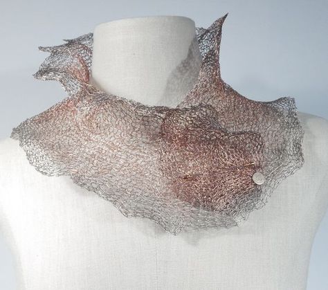 Dramatic Sculpted Knit Collar with Pin Knitting With Wire, Unique Knitting Stitches, Knitted Collars, Wire Lace Jewelry, Armor Necklace, Wire Crochet Necklace, Wire Knitting, Wire Crochet Jewelry, Knitted Wire