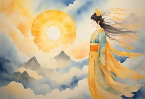 Goddess Amaterasu (Japan’s Divine Sun Deity) - witchymagicks.com Amaterasu Goddess Art, Japanese Sun Goddess, Goddess Amaterasu, Sun Deity, Ise Grand Shrine, Japanese Sun, Irish Goddess, Sun Goddess, Myths And Legends