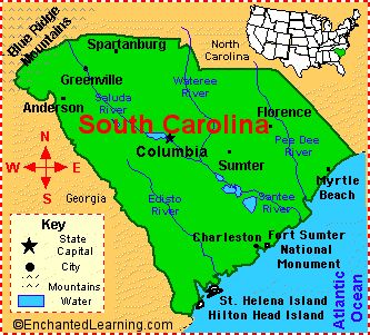 South Carolina: Facts, Map and State Symbols - EnchantedLearning.com The 8th State to enter the Union. South Carolina Map, Map Quiz, South Carolina Flag, Aiken South Carolina, Media Analysis, Saint Helena Island, State Abbreviations, Edisto Beach, Fort Sumter