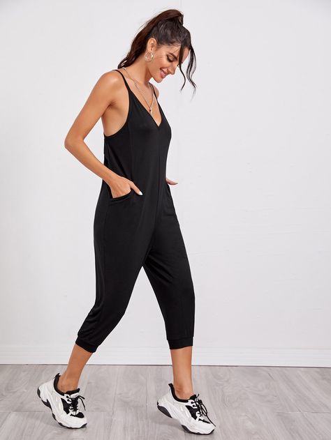 Double V Neck Cami Jogger Jumpsuit Jogger Jumpsuit, Capri Jumpsuit, Tube Jumpsuit, Comfy Jumpsuits, Satin Jumpsuit, Knitted Romper, Sleeved Romper, Shein Style, Wide Leg Jumpsuit