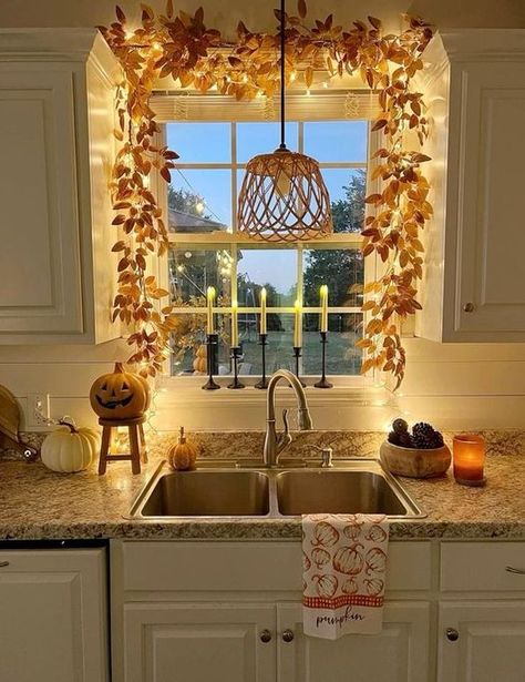 Bay Window Fall Decor, Lights Above Kitchen Sink, Kitchen Window Decor Ideas, Window Garland, Kitchen Window Decor, Above Kitchen Sink, Window Over Sink, Fall Windows, Fall Cottage