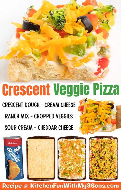 Veggie Pizza Appetizer, Crescent Roll Veggie Pizza, Cold Veggie Pizza, Vegetable Pizza Recipes, Veggie Bars, Easy Crescent Rolls, Pizza Ranch, Veggie Pizza Recipe, Crescent Roll Pizza