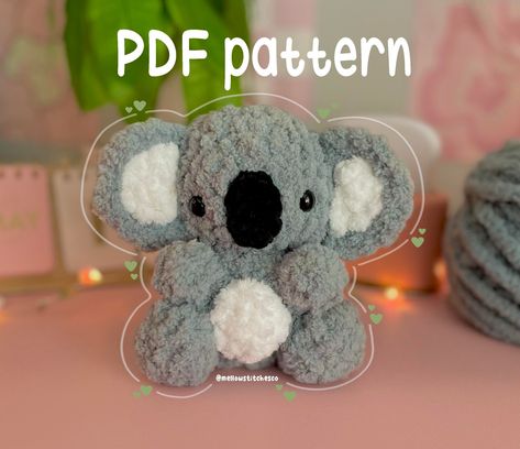 This pattern is a beginner-intermediate level crochet pdf pattern to make a baby koala! After purchasing the pattern, you should be able to download it immediately. If any issues arise, message me on Etsy. To download the pattern, log into Etsy.com (the site, not the app) and go to your "purchases and reviews". Click on the koala pattern and there should be an option to "download files".  You will NOT be receiving a finished koala plushie, this is strictly a PDF digital pattern. My digital croch Koala Crochet, Koala Pattern, Knitting Bag Pattern, Knit Top Patterns, Easy Crochet Animals, Baby Koala, Plushie Patterns, Crochet Animals Free Patterns, Crochet Business