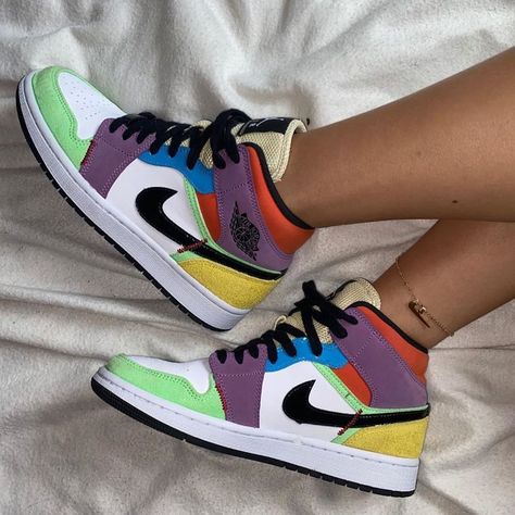 Jordan 1 Multicolor, Jordan 1 Mid Multicolor, Air Jordan 1 Women, Girls Basketball Shoes, Multicolor Shoes, Jordan 1s, Hype Shoes, Shoe Inspo, Swag Shoes