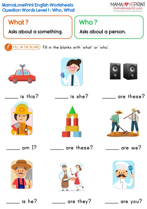 #MamaLovePrint #QuestionsWords #What #Who #Questions #When #Where #How #HowMany

#EnglishVocabulary #Vocabulary #VocabularyWorksheets #Spelling #SpellingWords #SpellingWorksheets #ESLWorksheets #EnglishTeachingResources #LearningEnglish #EnglishWorksheets #EnglishWorksheet #EnglishPrintable #EnglishPDF #WorksheetPDF #FreeDownload #HomeLearning #FreeExercis #SchoolEnglish #HomeworkEnglish Wh Questions Kids, Grade 1 English Worksheets, Who Questions, Preposition Worksheets, Grammar Questions, Phonics For Kids, English Grammar For Kids, Study English Language, Grammar For Kids