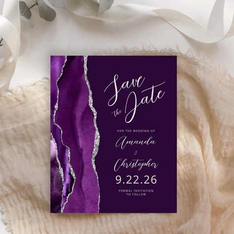 The left-hand edge of this elegant modern wedding save the date card features a purple watercolor agate border trimmed with faux silver glitter. The customizable text combines silver gray script and sans serif fonts on a deep purple background. The reverse side features a matching purple and silver agate design. Purple Save The Date Background, Purple Black Wedding, Purple Save The Dates, Save The Date Video, Dark Purple Background, Purple Envelope, Elegant Modern Wedding, Natural Skin Care Remedies, Purple Cards