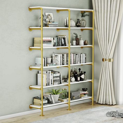 White Ladder Shelf, Wall Mount Decor, Gold Bookshelf, Bookshelf White, Wide Bookshelf, Pipe Shelving, Shelves Modern, Large Bookshelves, Gold Shelves