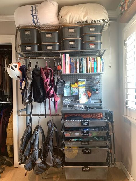 Running Gear Organization, Gear Room Organization, Outdoor Gear Storage, Gear Organization, Gear Closet, Camping Room, Garage Solutions, Garage Storage Inspiration, Gear Wall