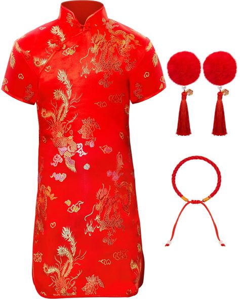 PRICES MAY VARY. Chinese New Year Outfit Set: you will receive 1 piece of girls Chinese New Year dress, 1 pair (2 pieces) of Chinese style hair clips and 1 piece of red rope bracelet, all costume accessories are designed with classic Chinese style, wearing them together will make your little princess more adorable and elegant Traditional Chinese Style: the Lunar New Year dress for girls is embroidered with Chinese traditional dragon and phoenix patterns, which represent good luck and happiness i Chinese Halloween Costume, Chinese Dress Outfit, Chinese Dress Traditional, Chinese New Year Dress, Dress Dummy, Red Chinese Dress, Chinese New Year Outfit, Traditional Qipao, Traditional Dragon