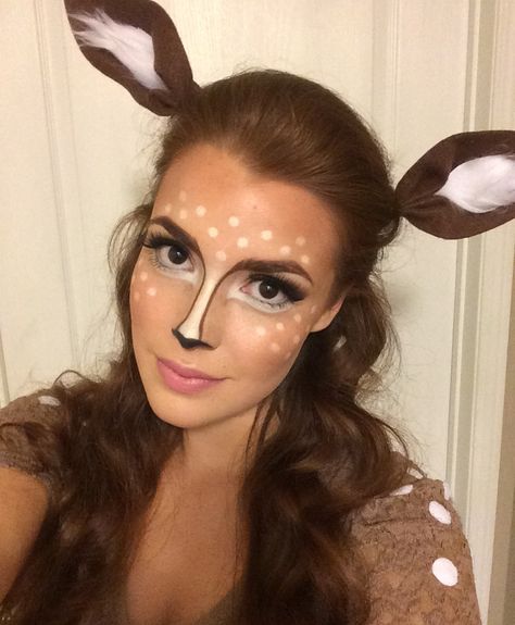 DIY Doe/deer Halloween Costume  Find out how I put it together here: https://leahgroskopf.wordpress.com/2016/10/18/diy-doehalloweencostume/ Women Deer Costume, Deer Costume Diy, Deer Costume Women, Deer Face Paint, Deery Lou, Bambi Costume, Deer Halloween Makeup, Reindeer Makeup, Kostüm Diy