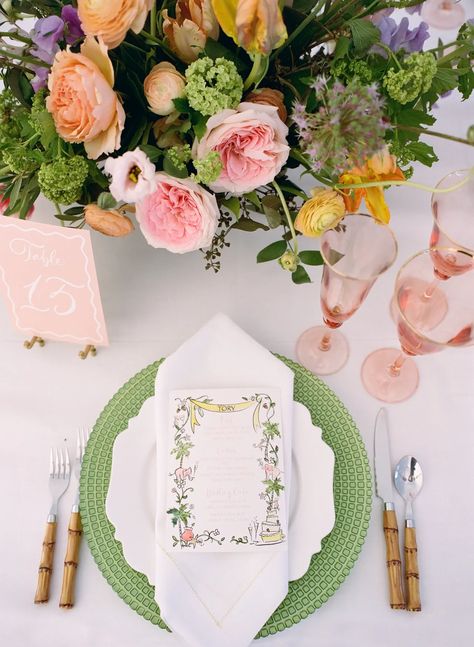 Gasparilla Inn, Green Tablescape, Pink Green Wedding, Wedding Table Designs, Bridesmaid Luncheon, Yellow Theme, Eclectic Wedding, Crockett And Jones, Wedding Place Settings