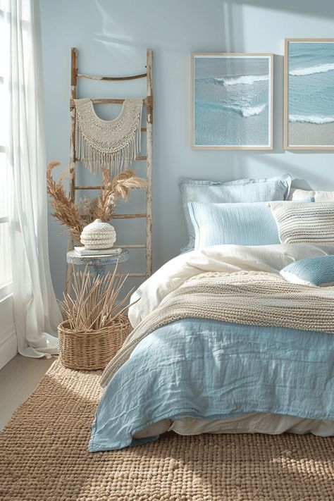 29 Light Blue Boho Bedroom Ideas 19 Light Blue Boho Bedroom, Blue Boho Bedroom, Blue Dorm Room, Light Blue Rooms, Costal Bedroom, Grandma House, Light Blue Bedroom, Blue Dorm, Beachy Bedroom