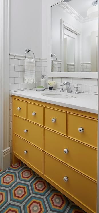 Orange Hex, Hex Tiles, Subway Backsplash, Yellow Bath, Nickel Faucet, Yellow Bathroom Decor, Hexagon Floor, White Knobs, Yellow Tile