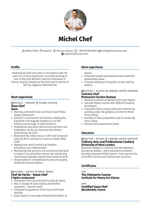 Increase your chances of scoring a job and learn to perfect your next resume with this highly instructive Sous Chef resume example. Basic Cv Template, Chef Resume, Functional Resume Template, Chef Jobs, Job Resume Samples, Resume References, Sample Resume Templates, Job Resume Template, Chef Work